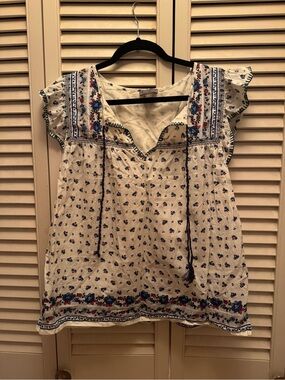 Cream Floral Embroidered Tie-Front Peasant Blouse